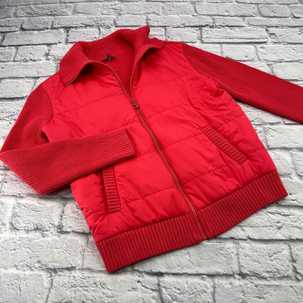 T by Talbots Womens Pink Hybrid Puffer Knit Full Zip Jacket XS Mock Neck Pocket